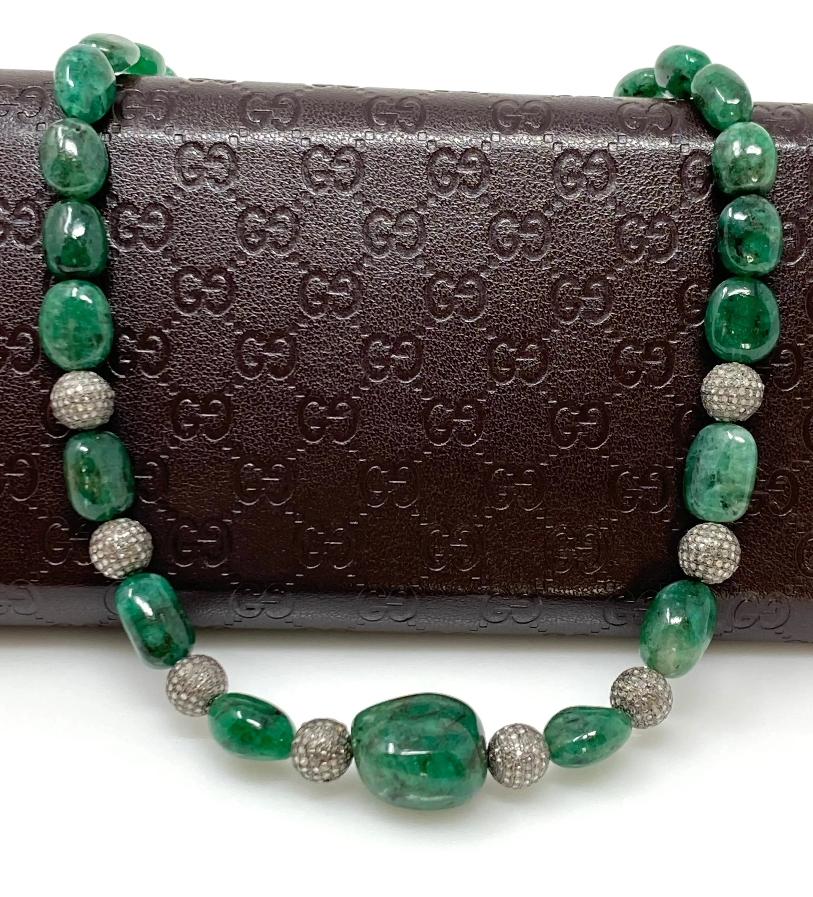 Elegant 16.25” Zambian Emerald Nugget Necklace with Pave Diamond Accents