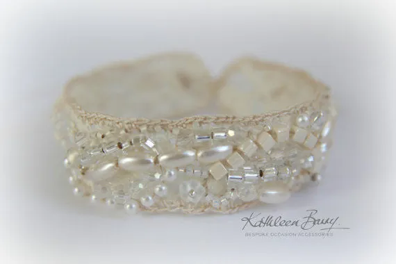 Elmarie vintage Lace Cuff Bracelet - pearl & crystal embellished - wedding bracelet lace - Ivory cream