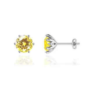 ELOISE - Round Yellow Sapphire 18k White Gold Lotus Leaf Stud Earrings