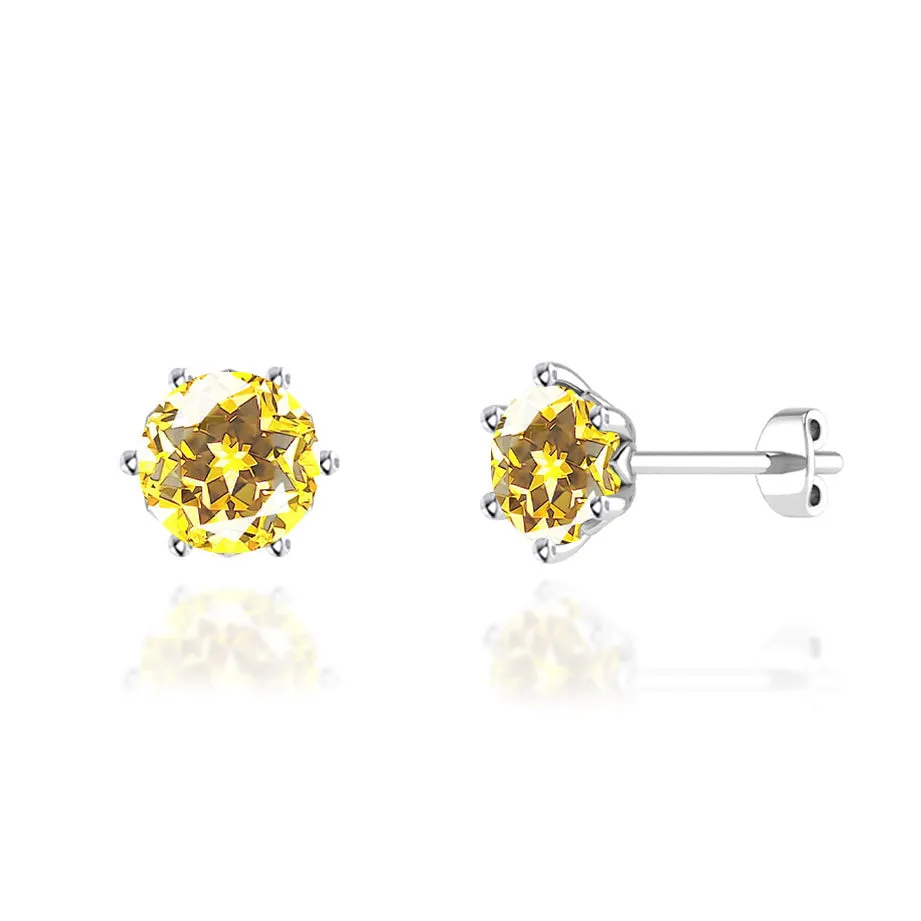 ELOISE - Round Yellow Sapphire 18k White Gold Lotus Leaf Stud Earrings