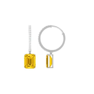 Emerald Cut Lab Grown Yellow Sapphire Minimal Hoop Drop Earrings with Diamond