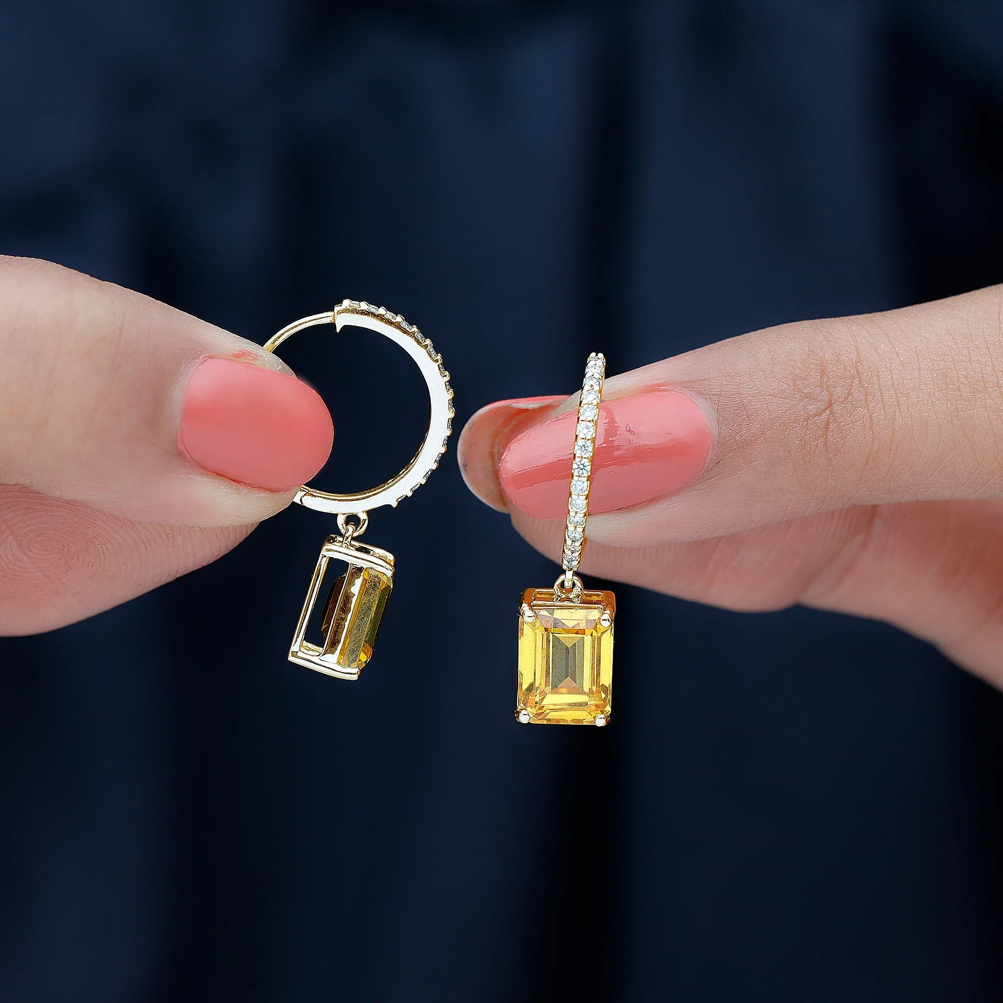 Emerald Cut Lab Grown Yellow Sapphire Minimal Hoop Drop Earrings with Diamond