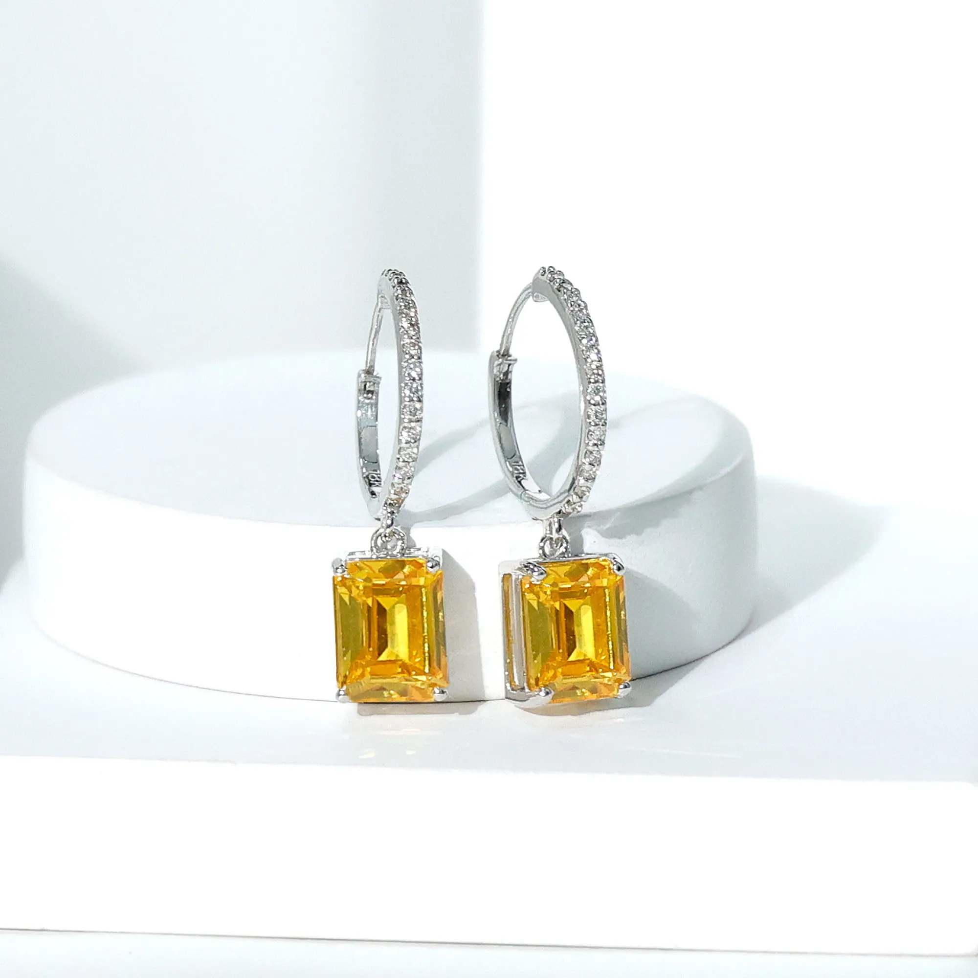 Emerald Cut Lab Grown Yellow Sapphire Minimal Hoop Drop Earrings with Diamond