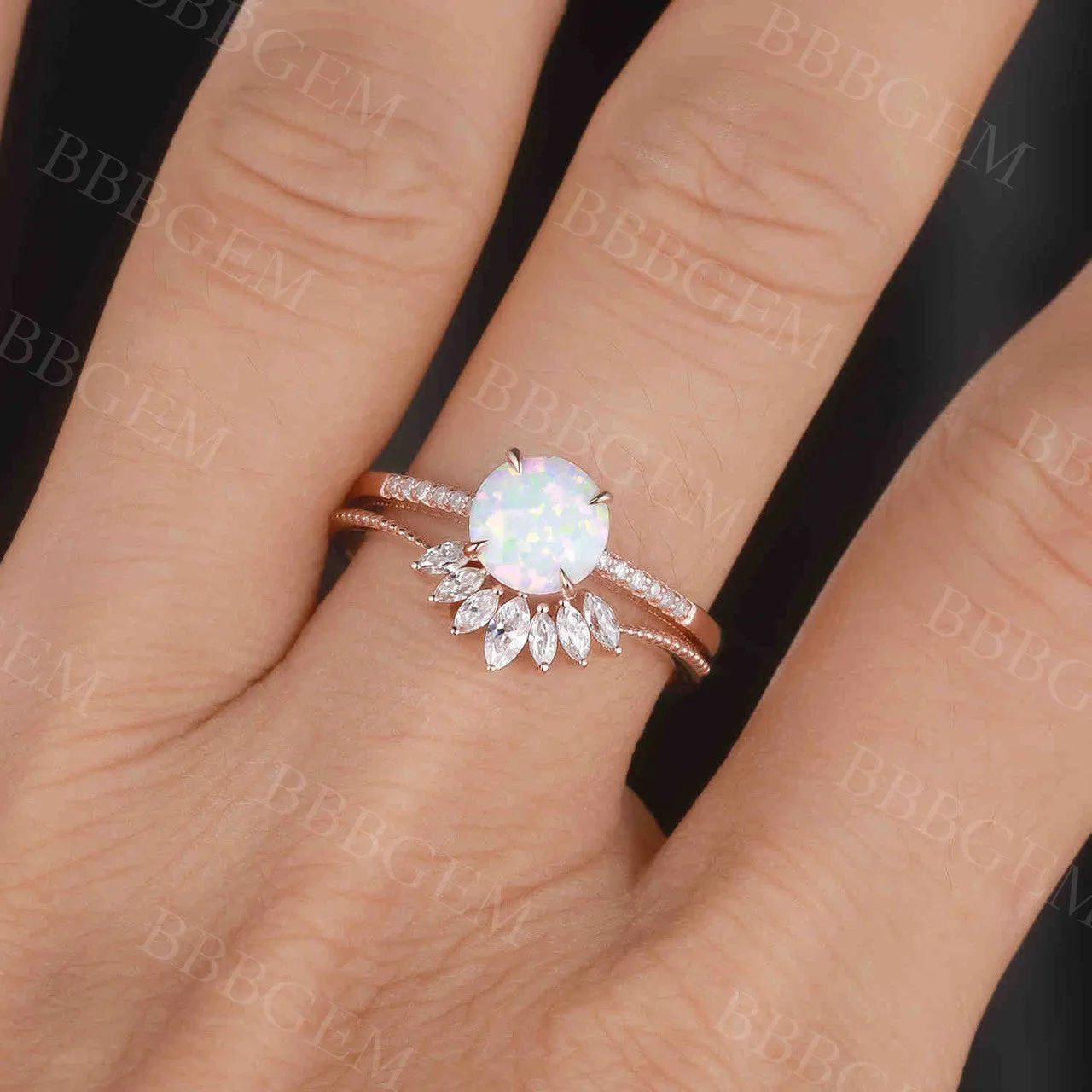 Female Opal Bridal Set Solitaire Rose Gold,Art Deco Moissanite Matching Band