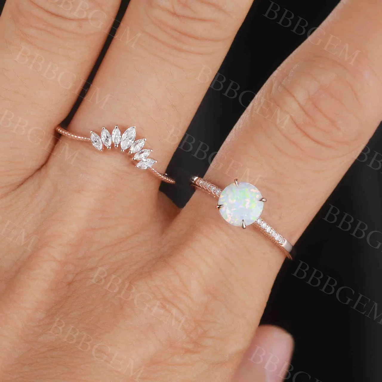 Female Opal Bridal Set Solitaire Rose Gold,Art Deco Moissanite Matching Band