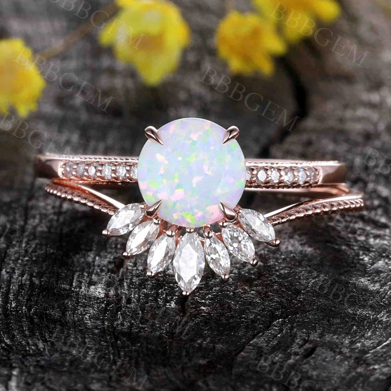 Female Opal Bridal Set Solitaire Rose Gold,Art Deco Moissanite Matching Band