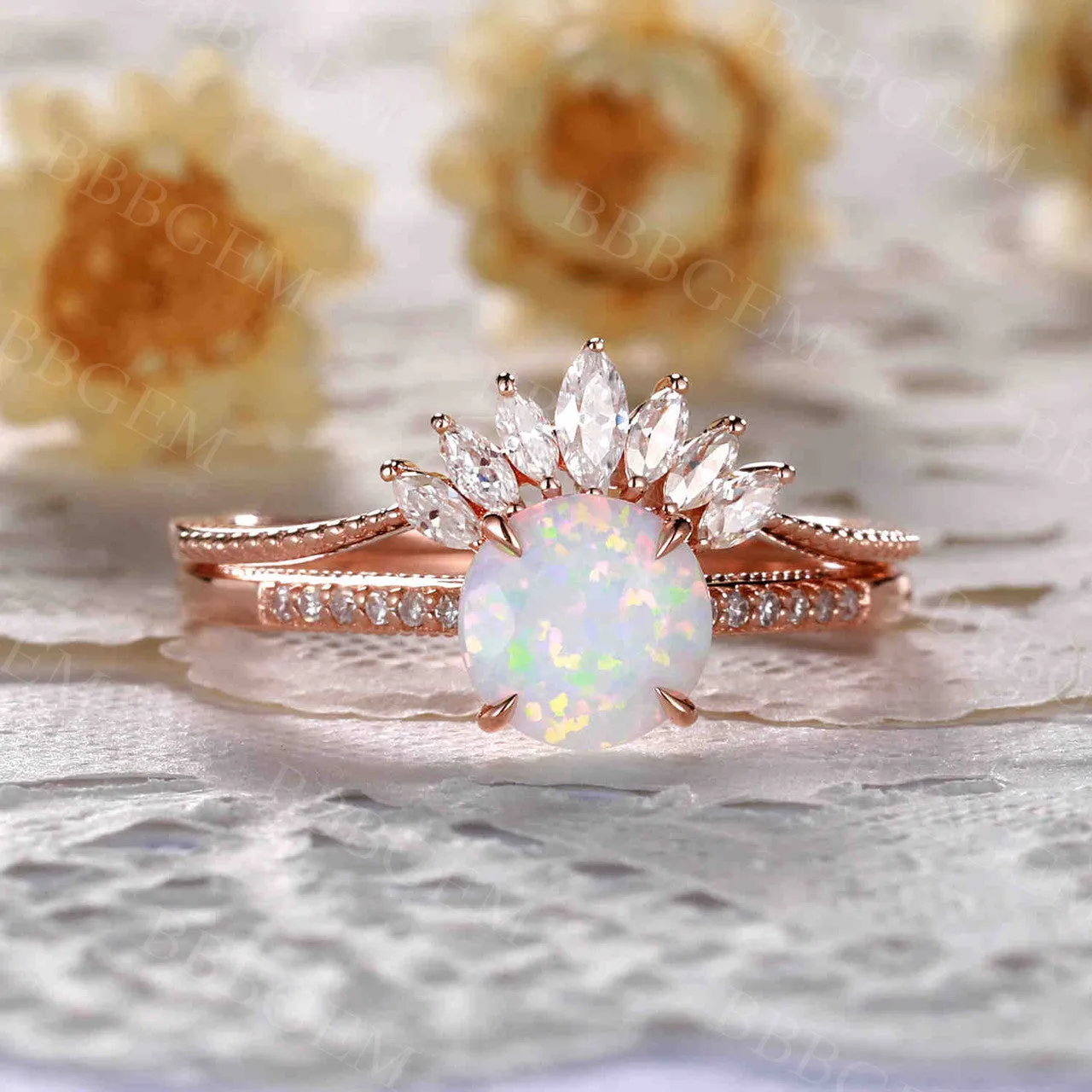 Female Opal Bridal Set Solitaire Rose Gold,Art Deco Moissanite Matching Band