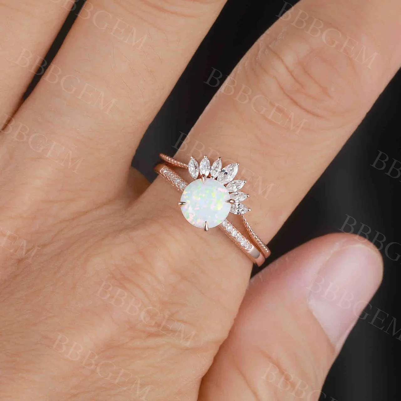 Female Opal Bridal Set Solitaire Rose Gold,Art Deco Moissanite Matching Band