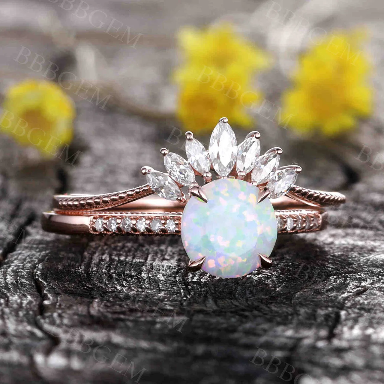 Female Opal Bridal Set Solitaire Rose Gold,Art Deco Moissanite Matching Band