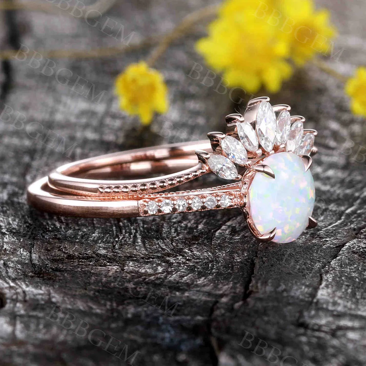 Female Opal Bridal Set Solitaire Rose Gold,Art Deco Moissanite Matching Band