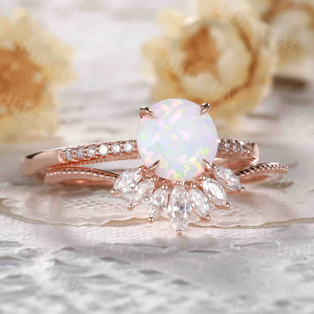 Female Opal Bridal Set Solitaire Rose Gold,Art Deco Moissanite Matching Band