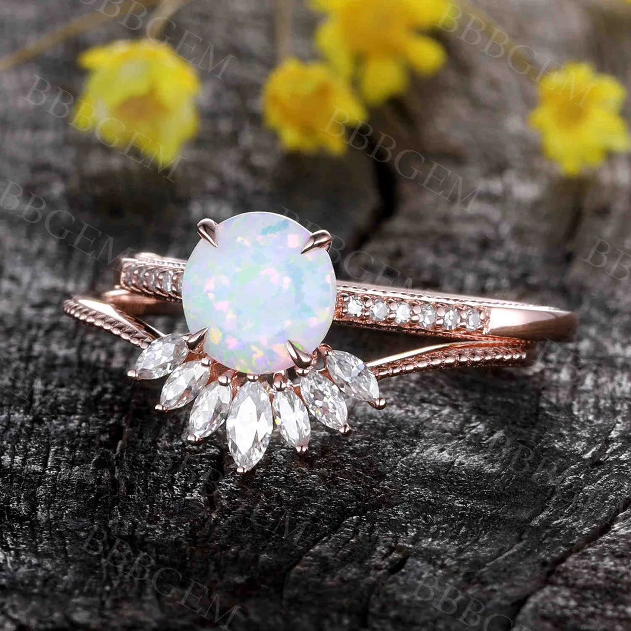 Female Opal Bridal Set Solitaire Rose Gold,Art Deco Moissanite Matching Band