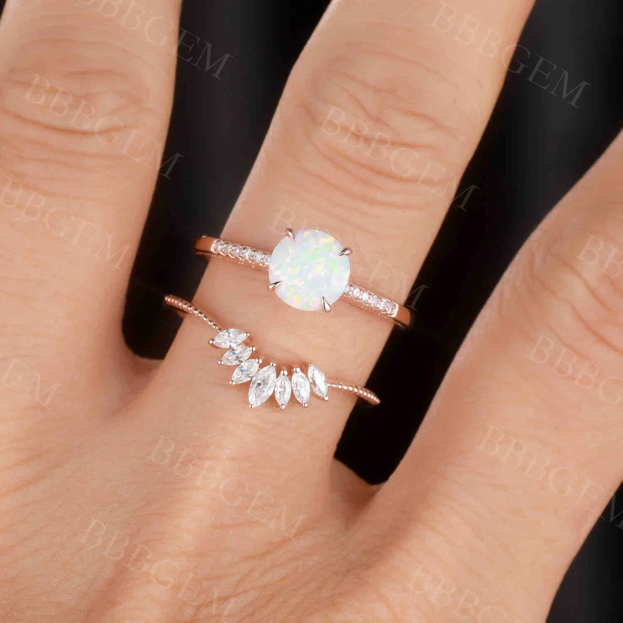 Female Opal Bridal Set Solitaire Rose Gold,Art Deco Moissanite Matching Band