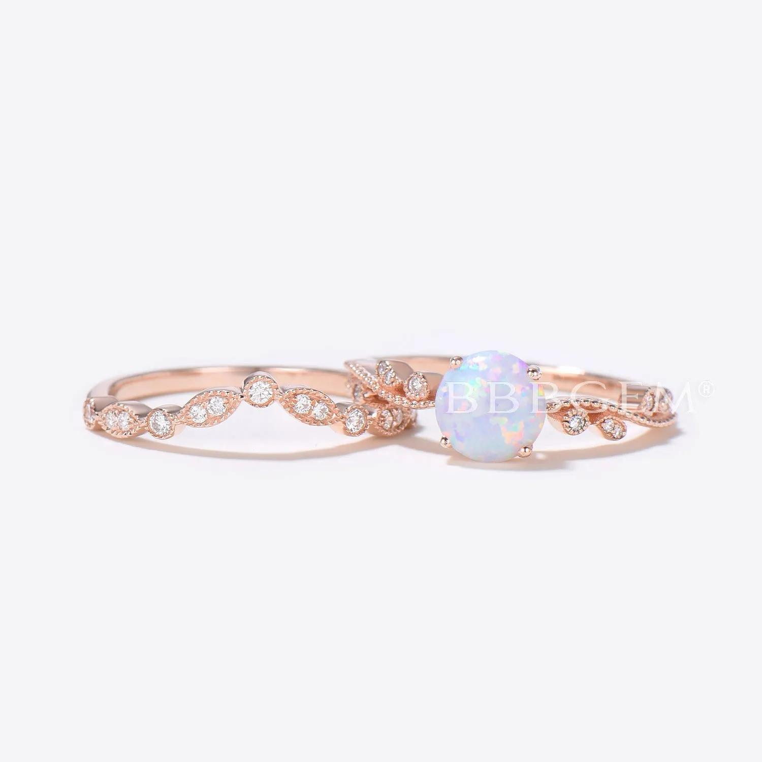 Floral Opal Solitaire Diamond Engagement Ring Bridal  Set Rose Gold Antique