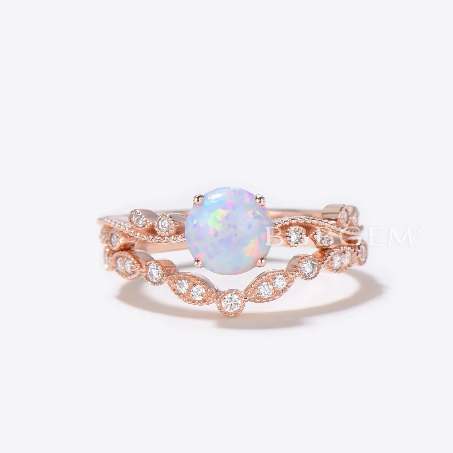 Floral Opal Solitaire Diamond Engagement Ring Bridal  Set Rose Gold Antique