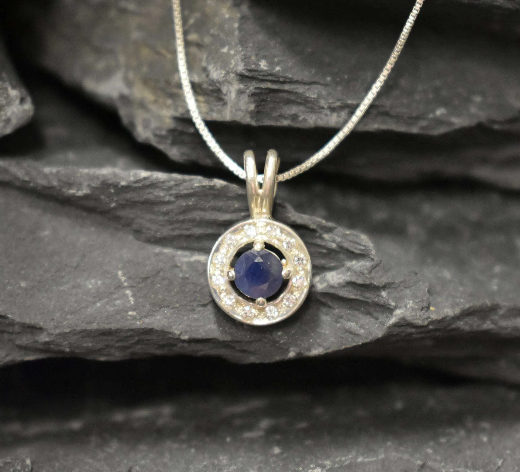 Genuine Sapphire Pendant - Blue Cluster Pendant - Dainty Vintage Necklace