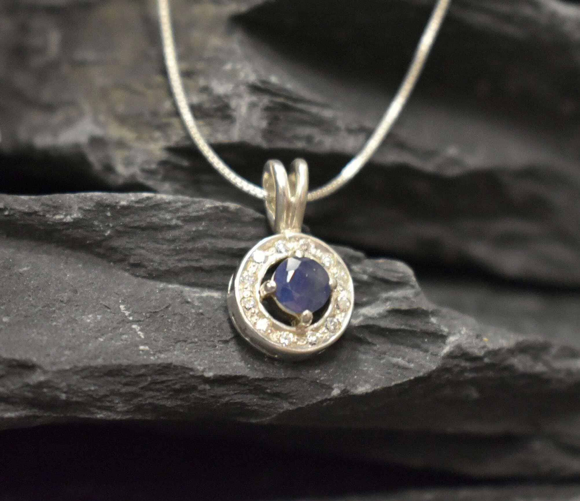 Genuine Sapphire Pendant - Blue Cluster Pendant - Dainty Vintage Necklace