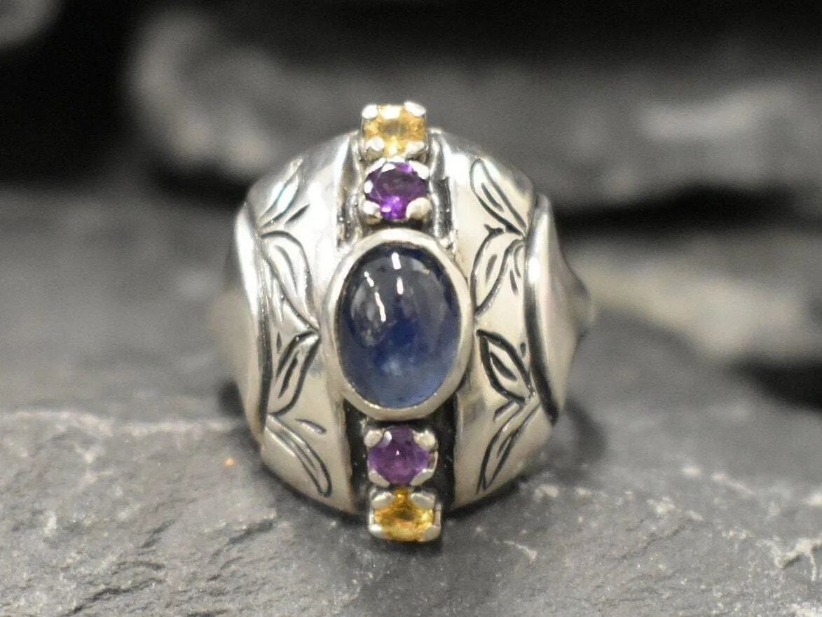 Genuine Sapphire Ring - Genuine Citrine Amethyst Ring - Blue Yellow Purple Tribal Ring