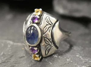 Genuine Sapphire Ring - Genuine Citrine Amethyst Ring - Blue Yellow Purple Tribal Ring