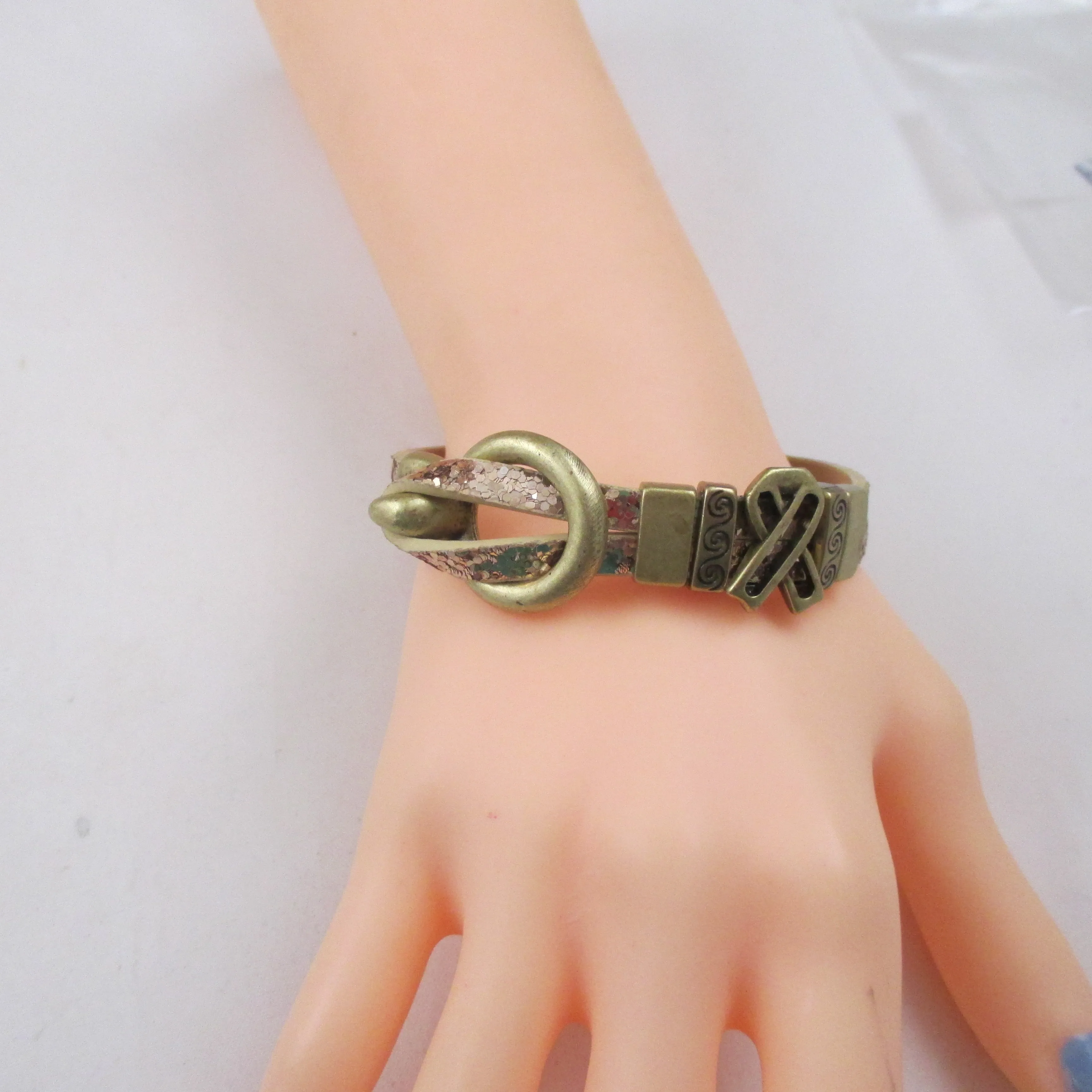 Gold Flat Leather Awareness Ribbon Bracelet