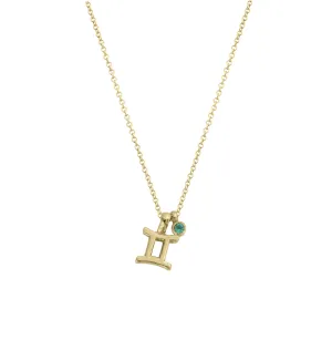 Gold Mini Gemini Horoscope & Emerald Birthstone Necklace