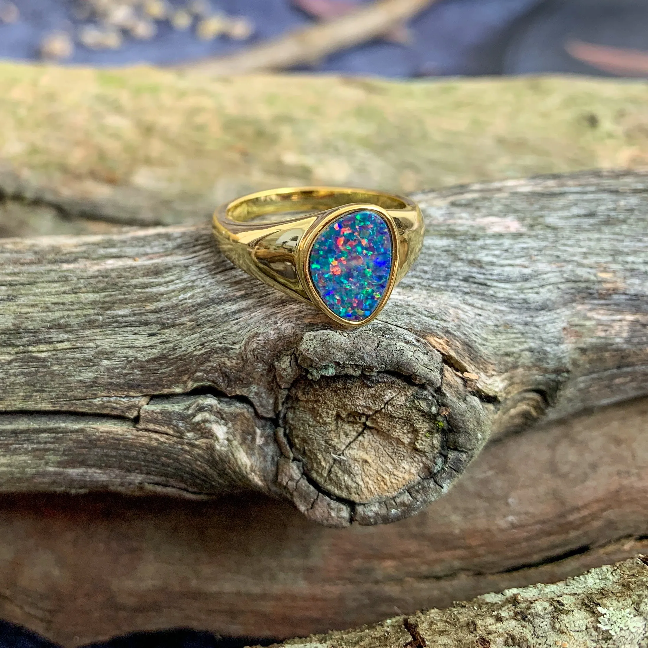 Gold Plated Silver solitaire band Opal doublet ring