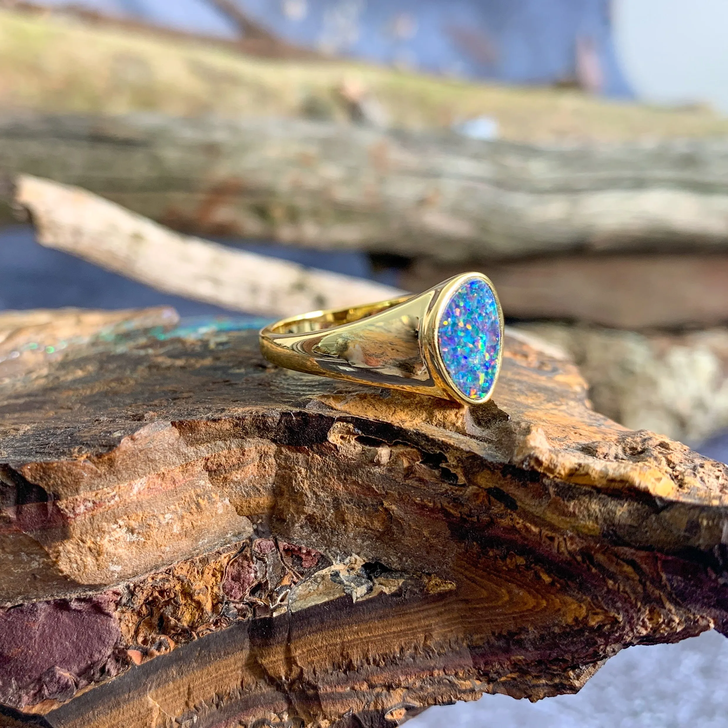 Gold Plated Silver solitaire band Opal doublet ring