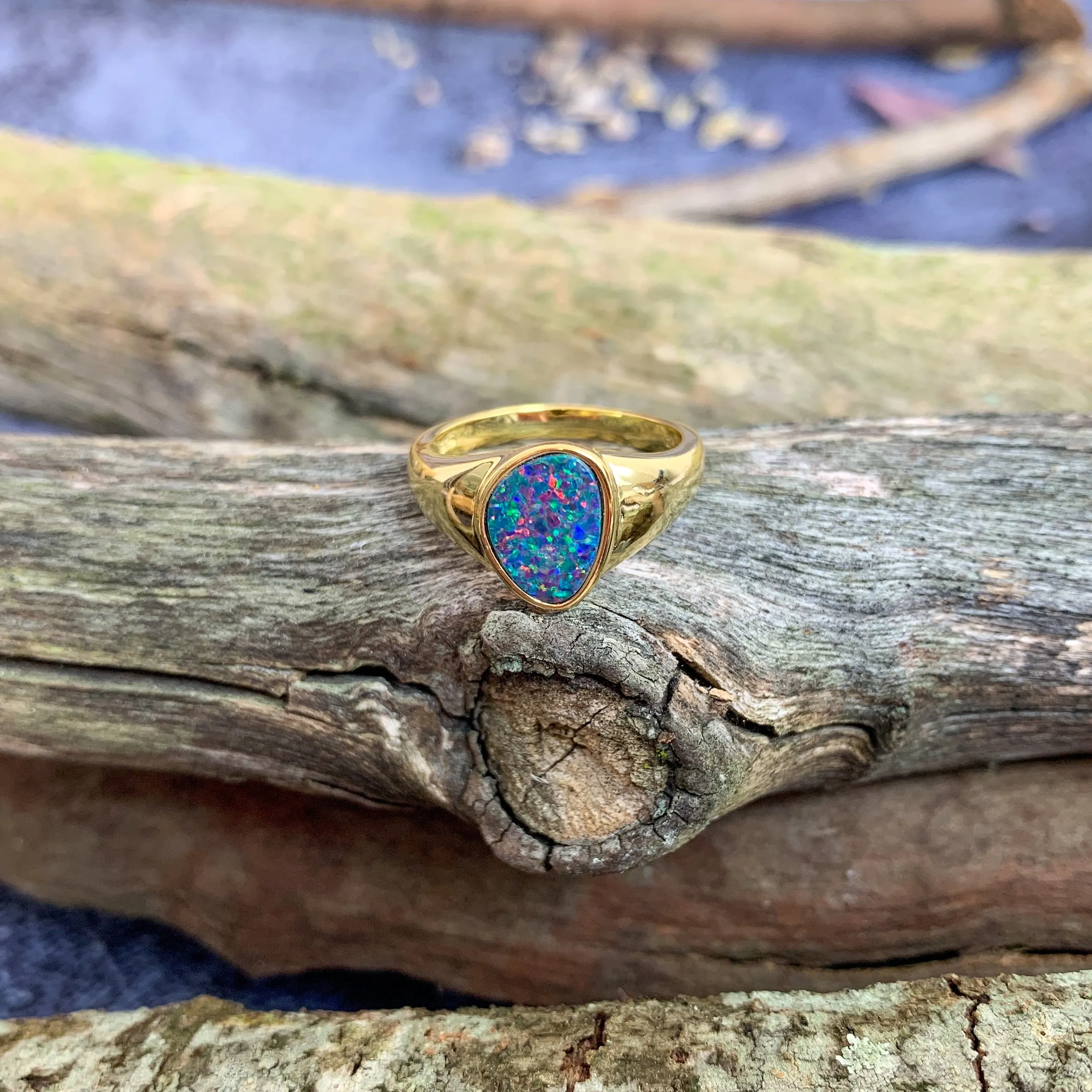 Gold Plated Silver solitaire band Opal doublet ring