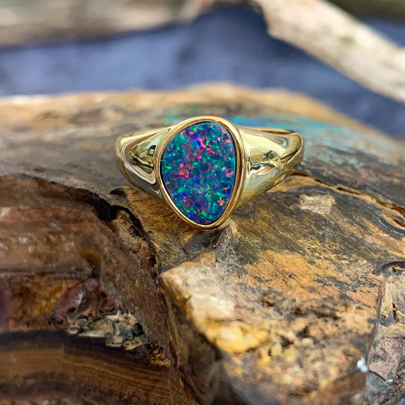 Gold Plated Silver solitaire band Opal doublet ring