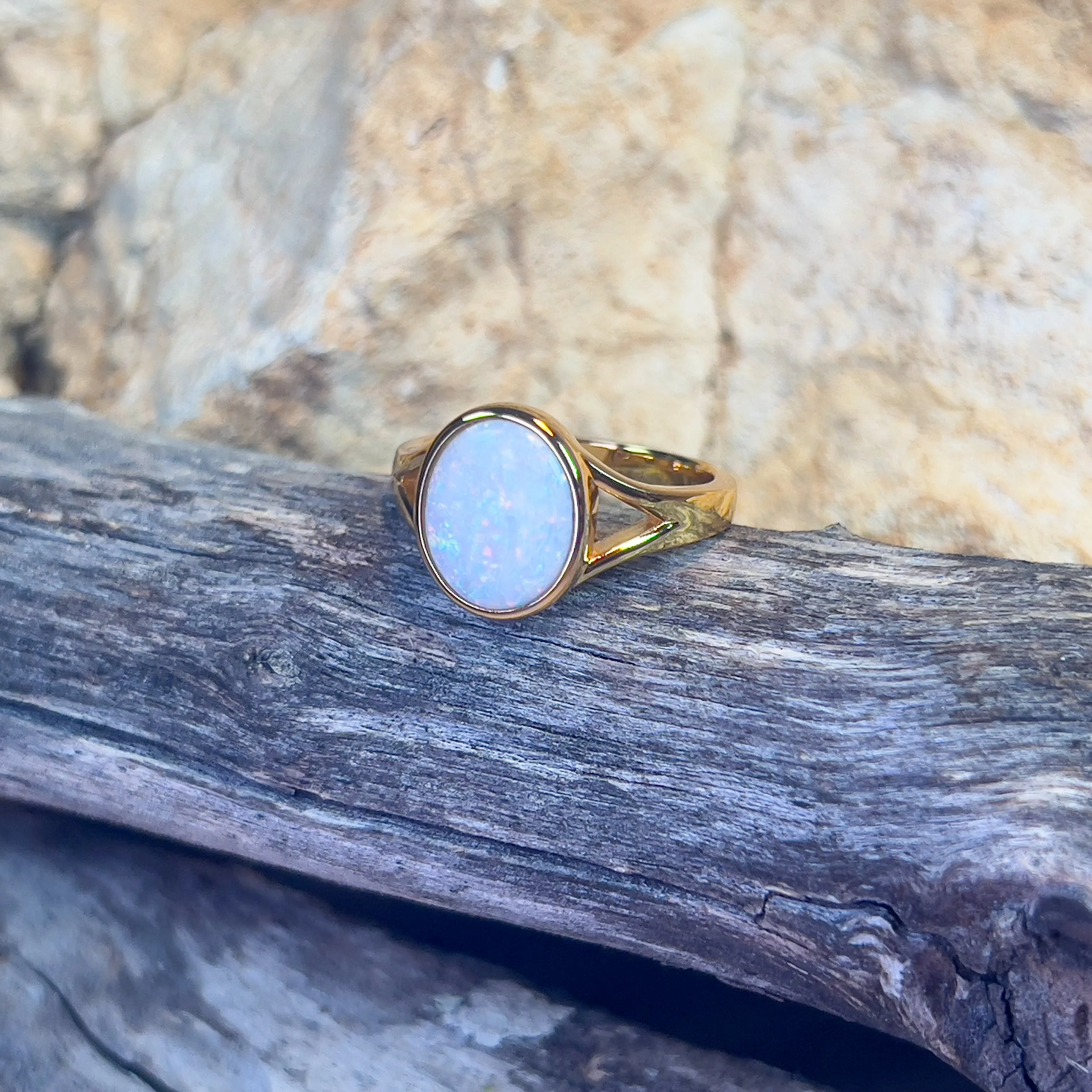 Gold plated Sterling Silver bezel set 1.35ct White Opal ring split shank