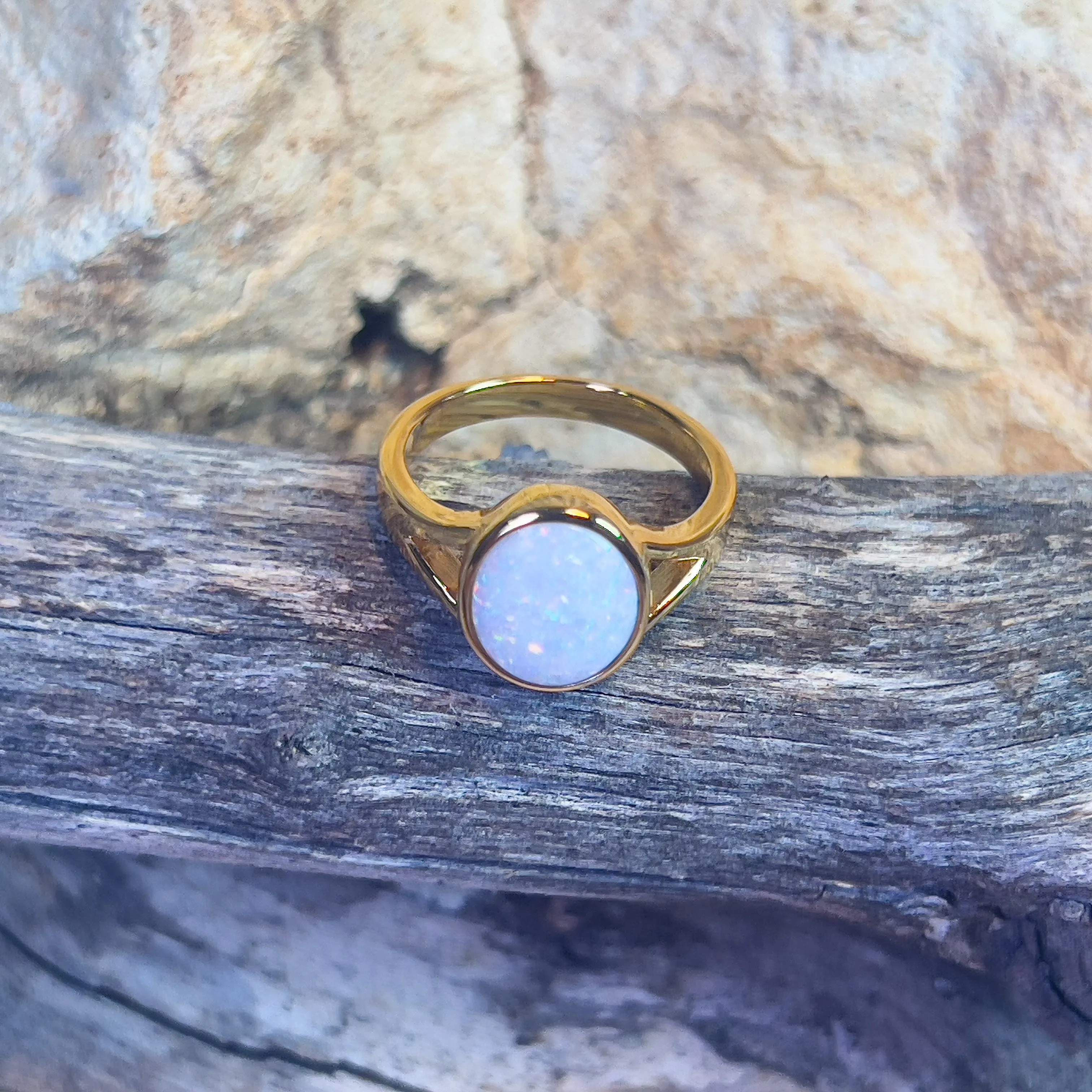 Gold plated Sterling Silver bezel set 1.35ct White Opal ring split shank