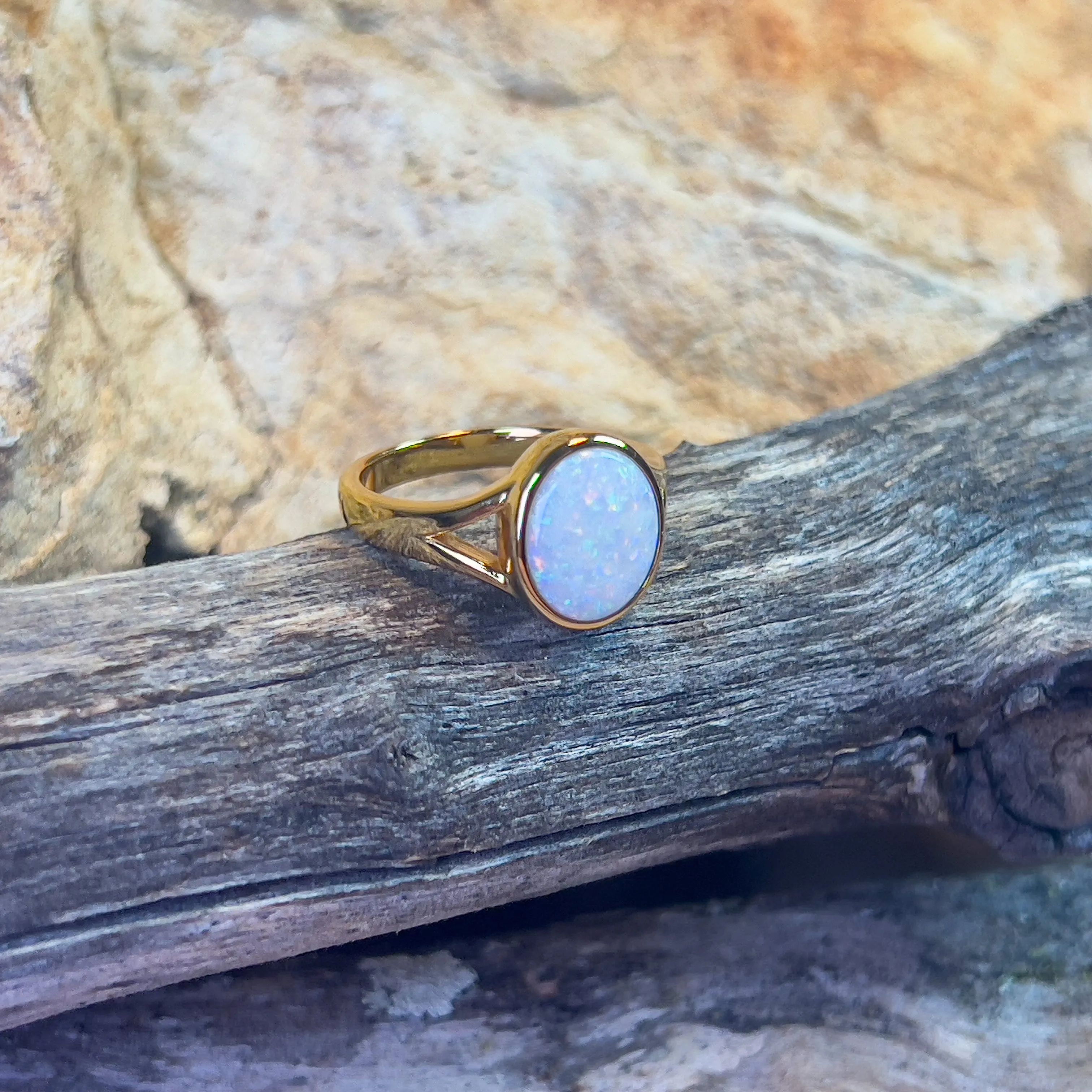 Gold plated Sterling Silver bezel set 1.35ct White Opal ring split shank