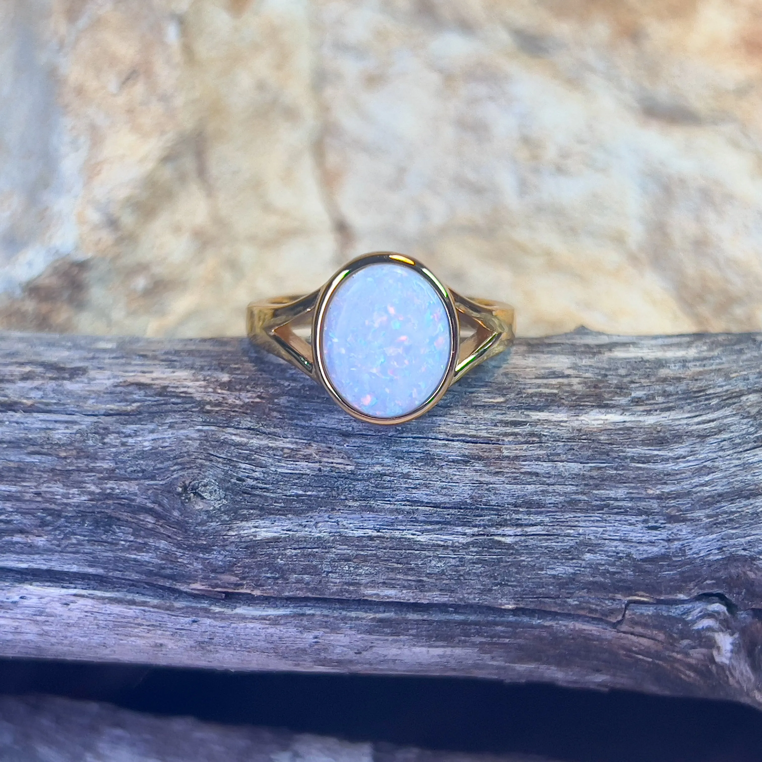 Gold plated Sterling Silver bezel set 1.35ct White Opal ring split shank