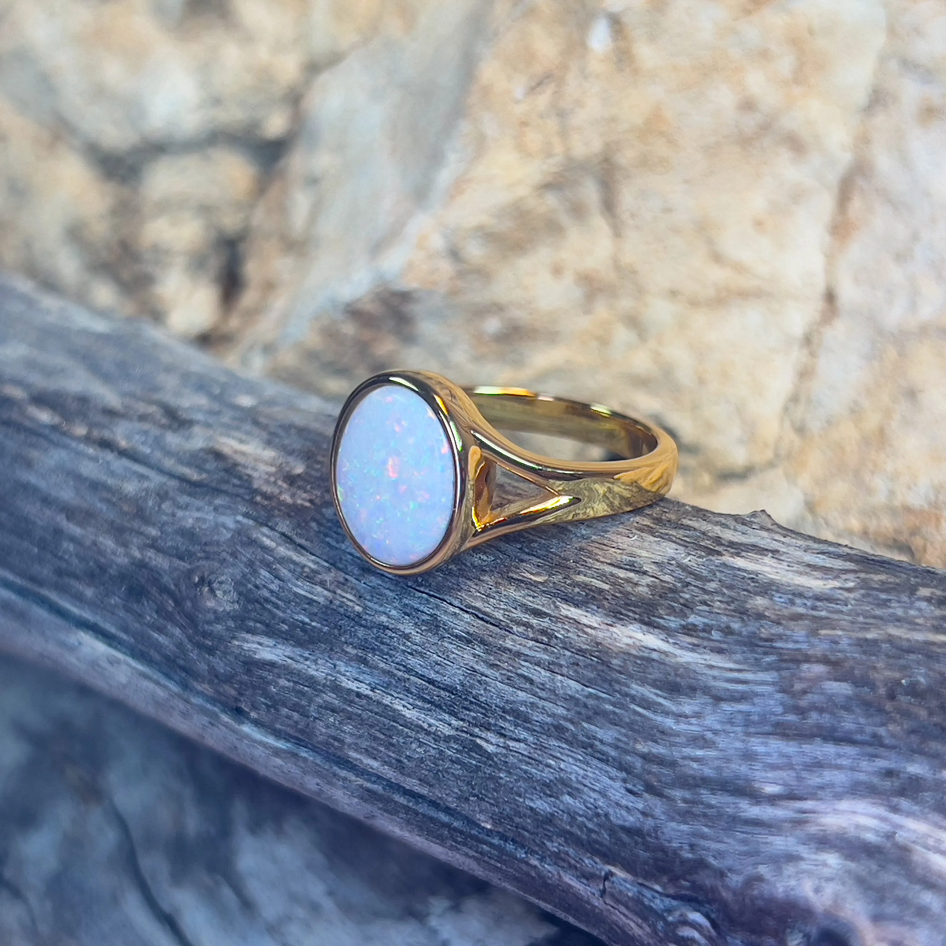 Gold plated Sterling Silver bezel set 1.35ct White Opal ring split shank