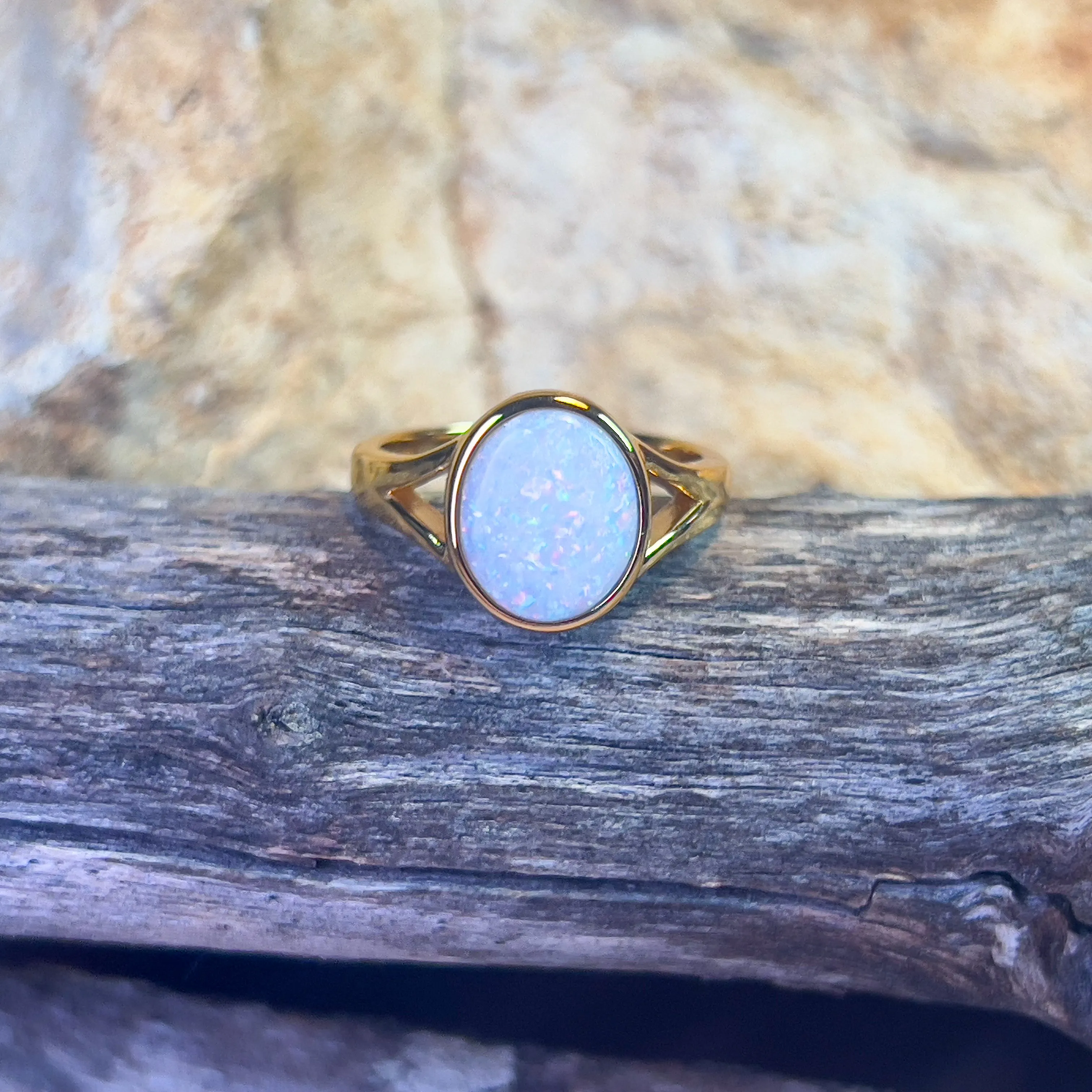 Gold plated Sterling Silver bezel set 1.35ct White Opal ring split shank