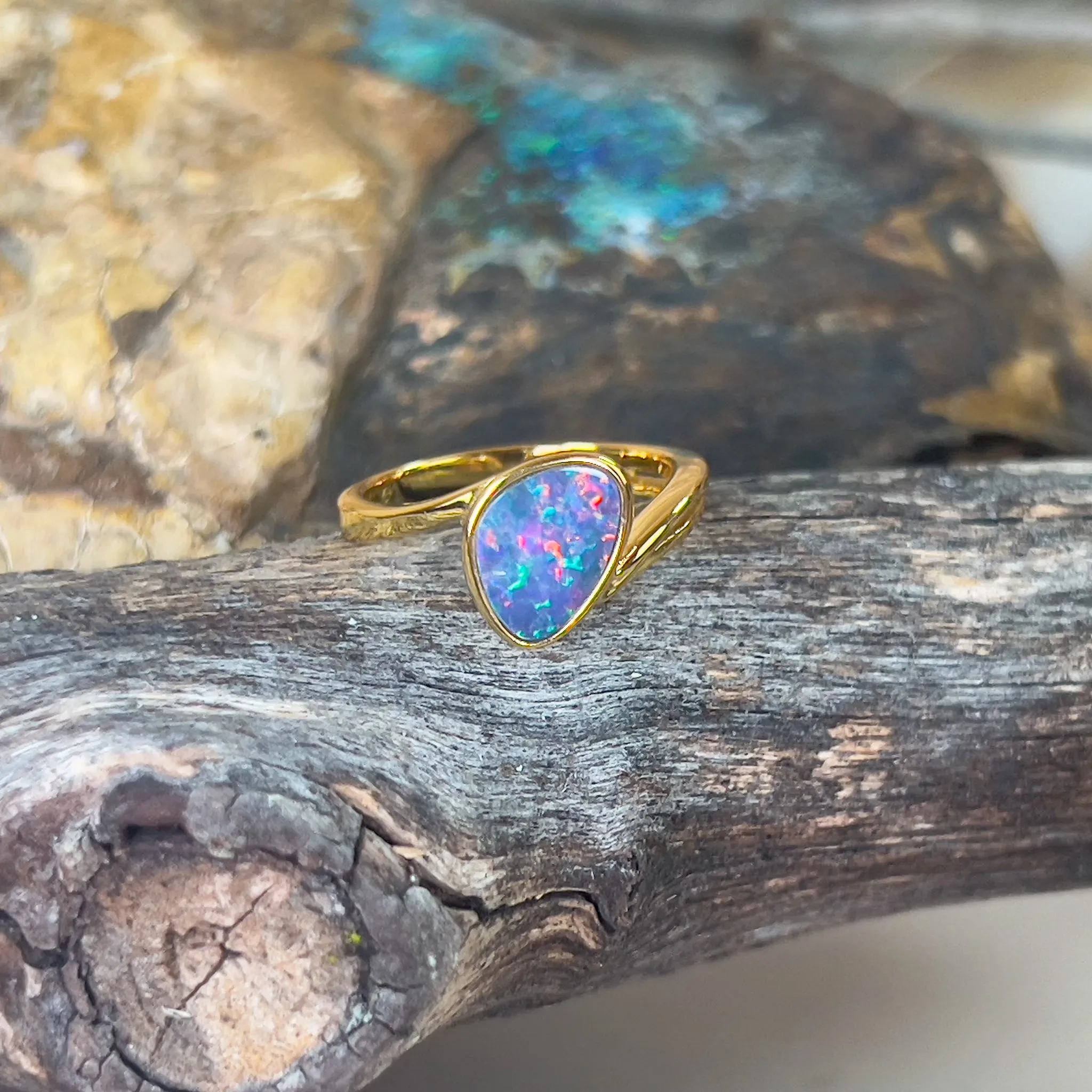 Gold plated Sterling Silver Opal doublet solitaire split shank ring