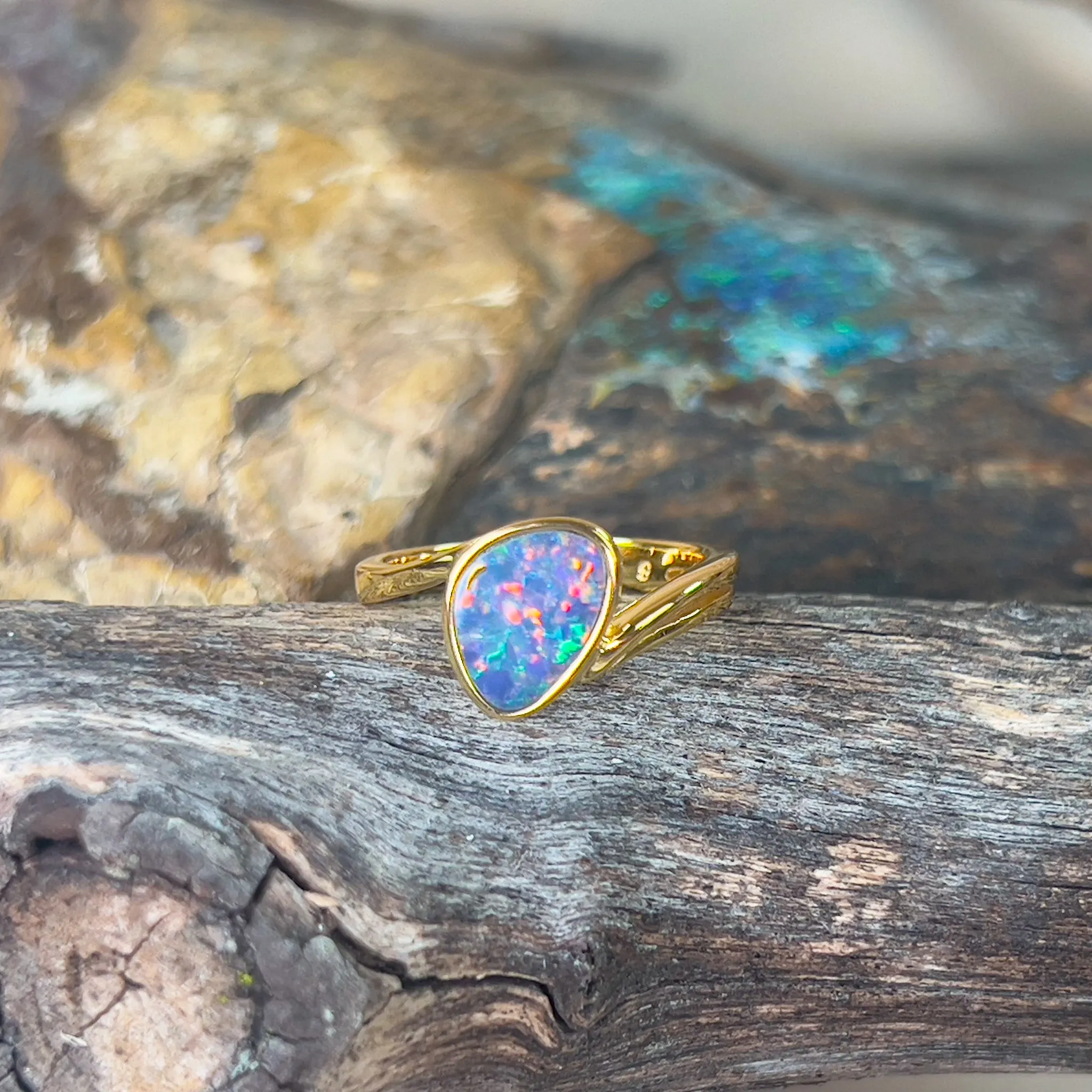 Gold plated Sterling Silver Opal doublet solitaire split shank ring