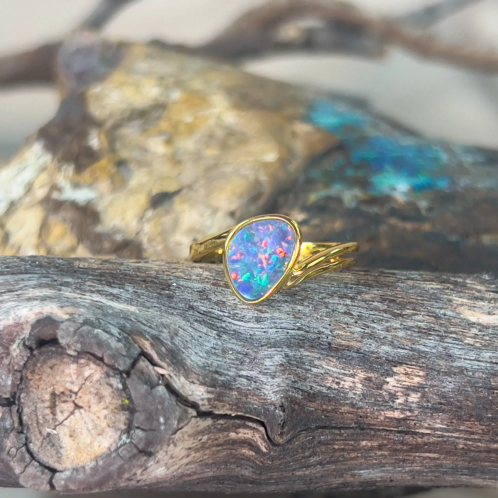 Gold plated Sterling Silver Opal doublet solitaire split shank ring