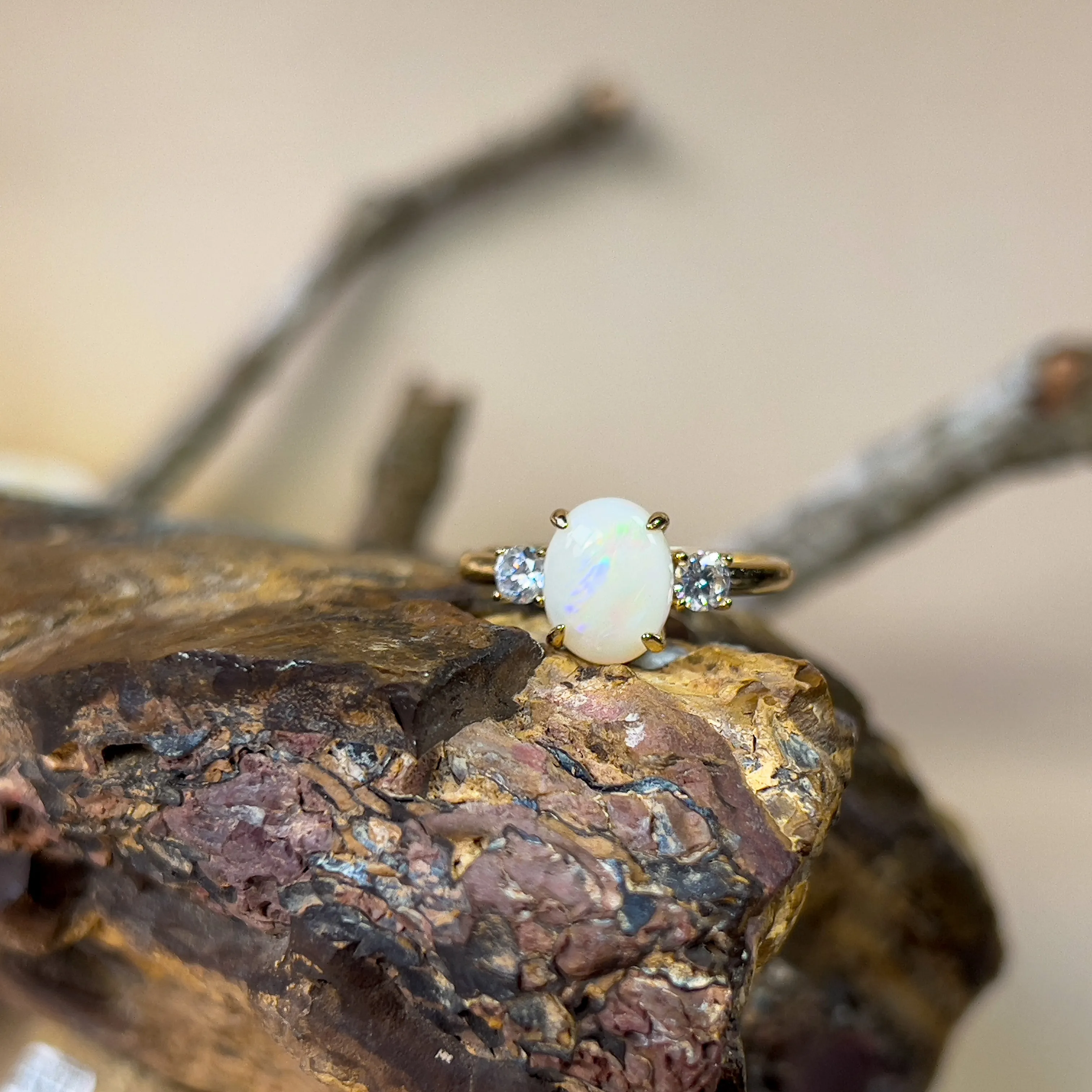 Gold Plated Sterling Silver Ring, 9x7mm White Opal Trilogy, Handmade Opal Jewelry, Dainty Gift for Her