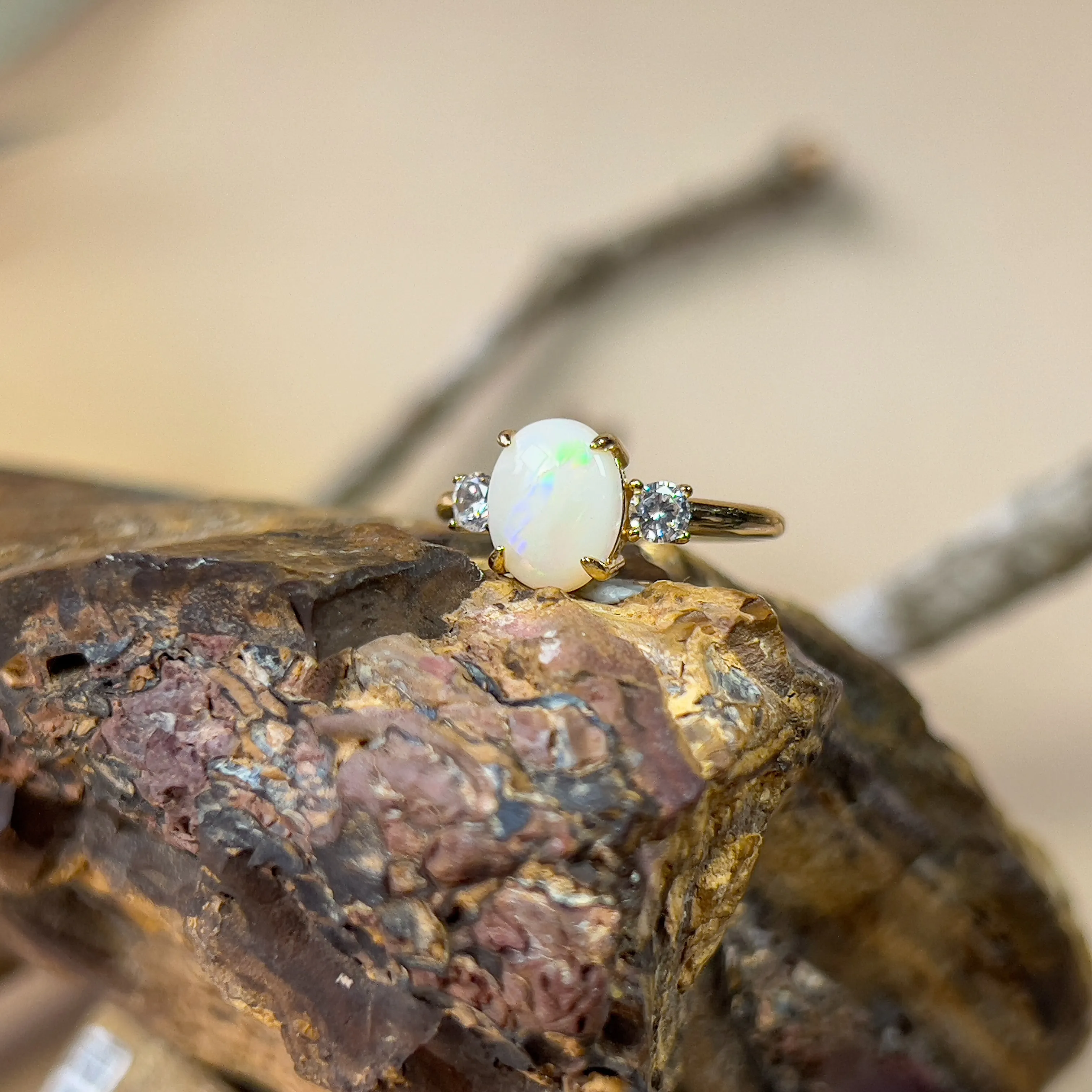 Gold Plated Sterling Silver Ring, 9x7mm White Opal Trilogy, Handmade Opal Jewelry, Dainty Gift for Her