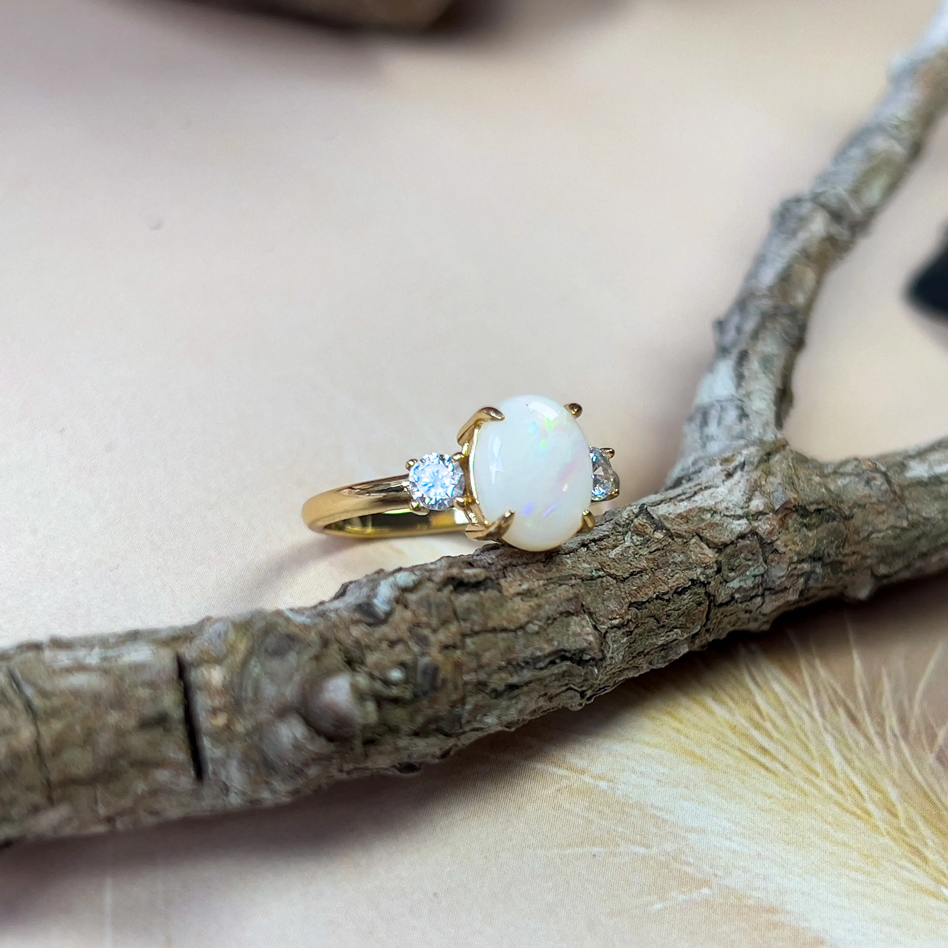 Gold Plated Sterling Silver Ring, 9x7mm White Opal Trilogy, Handmade Opal Jewelry, Dainty Gift for Her