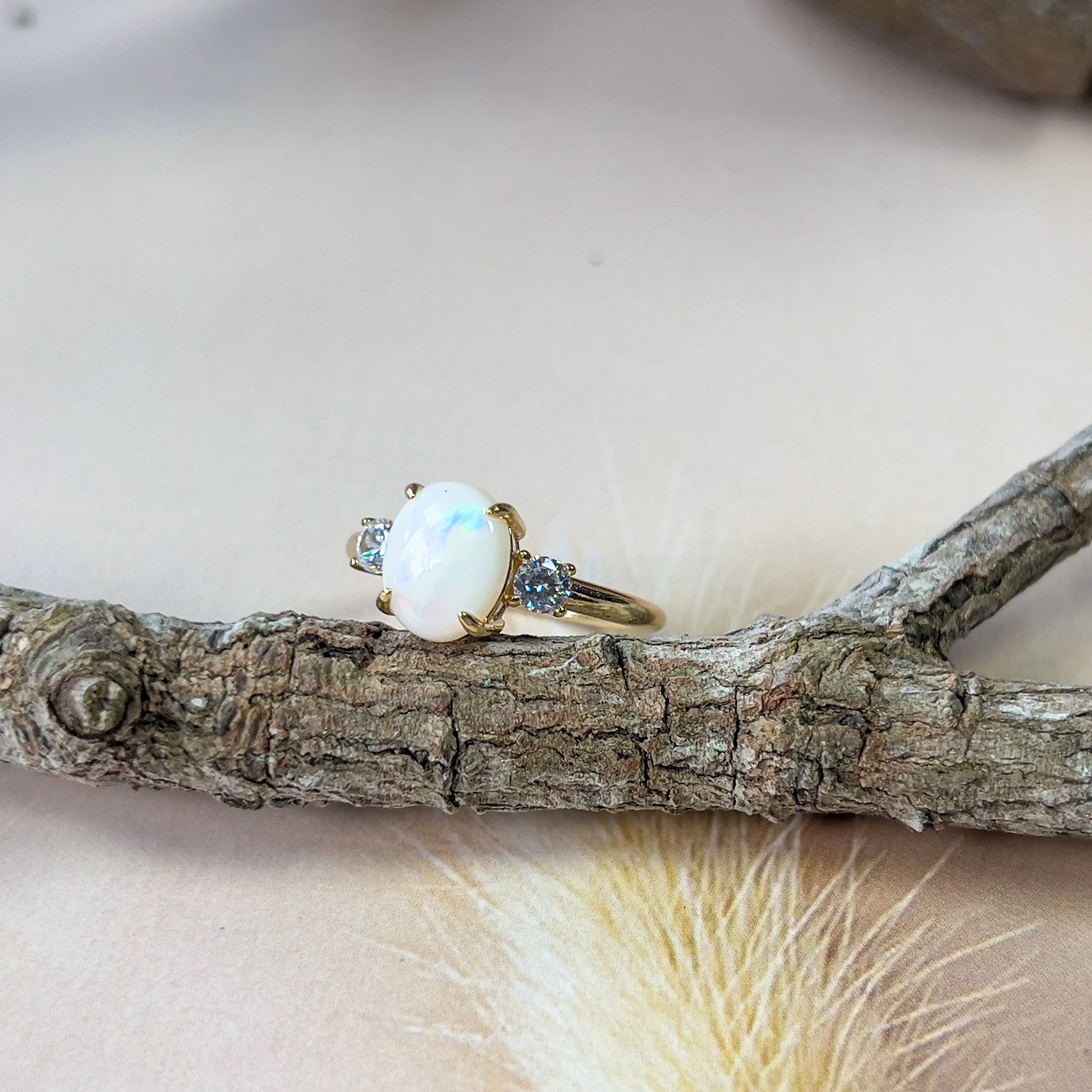 Gold Plated Sterling Silver Ring, 9x7mm White Opal Trilogy, Handmade Opal Jewelry, Dainty Gift for Her