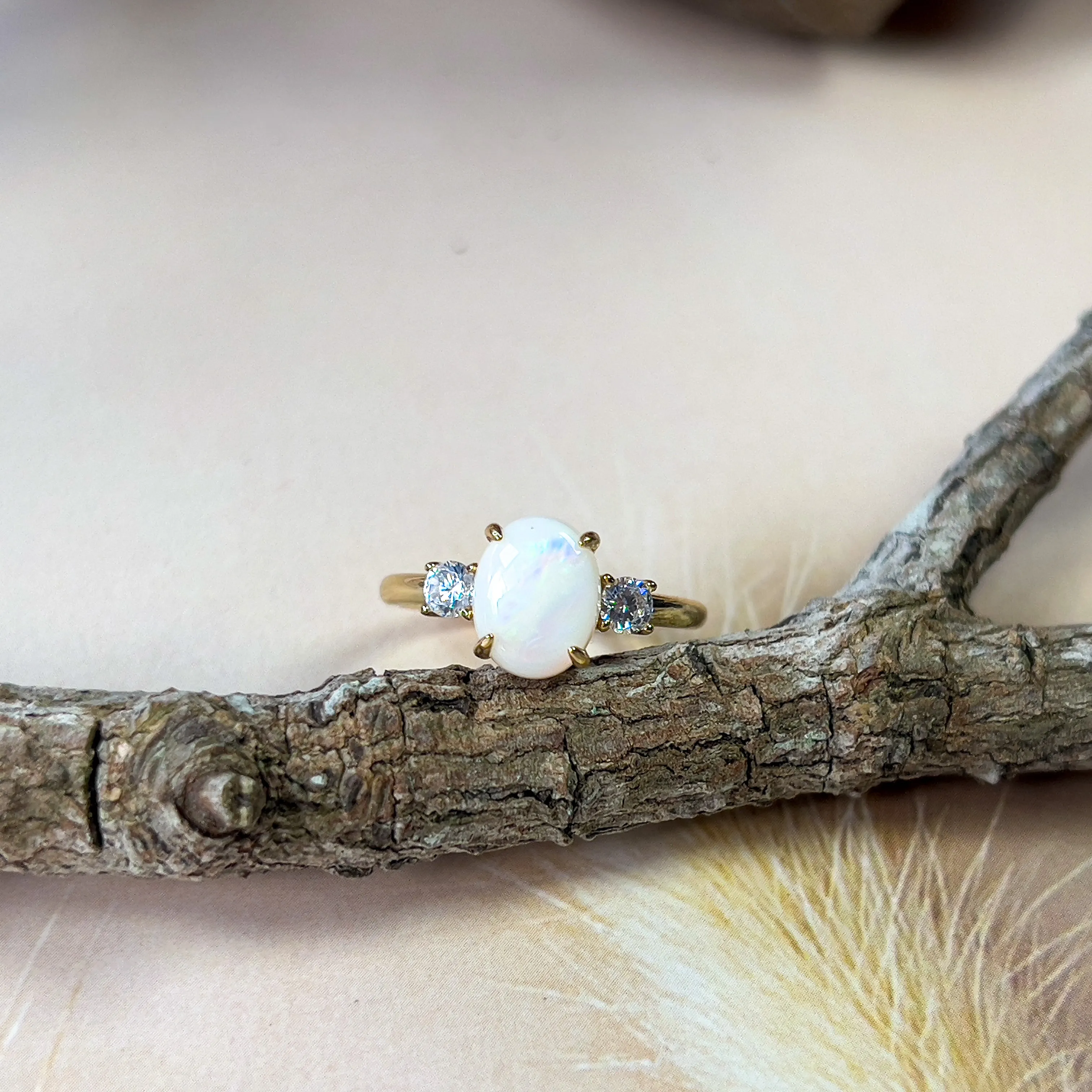 Gold Plated Sterling Silver Ring, 9x7mm White Opal Trilogy, Handmade Opal Jewelry, Dainty Gift for Her