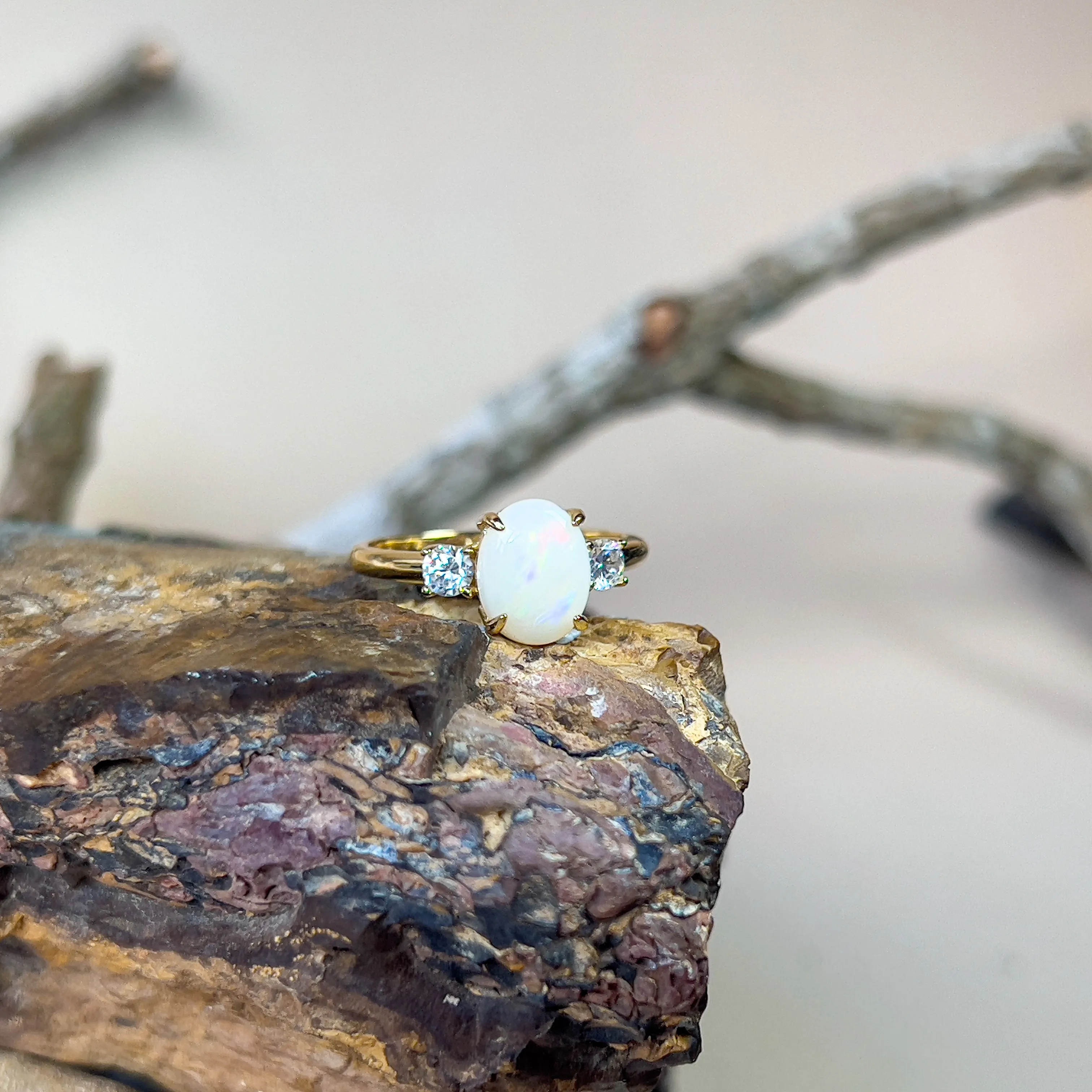 Gold Plated Sterling Silver Ring, 9x7mm White Opal Trilogy, Handmade Opal Jewelry, Dainty Gift for Her