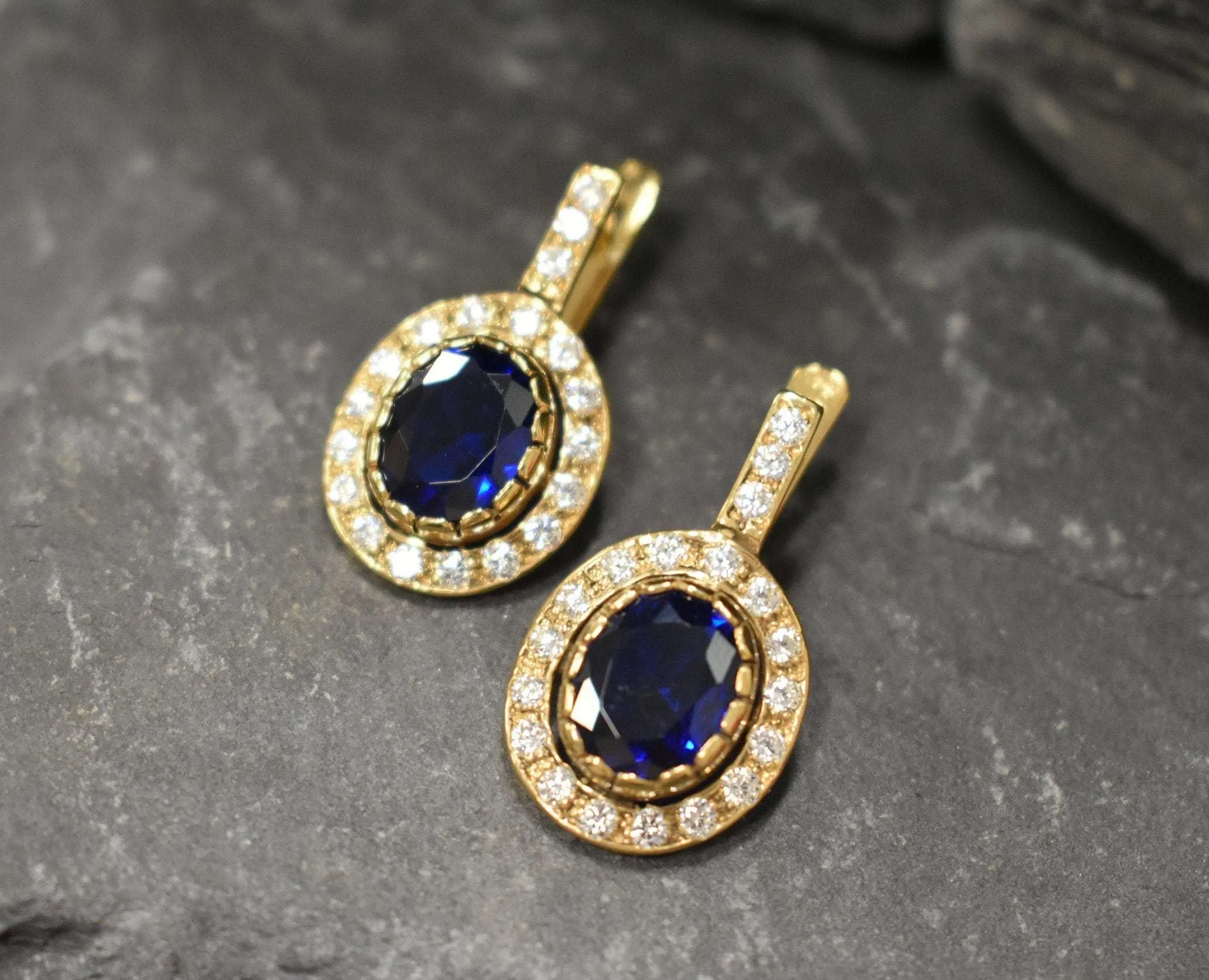 Gold Sapphire Earrings - Blue Victorian Earrings, September Birthstone Earrings