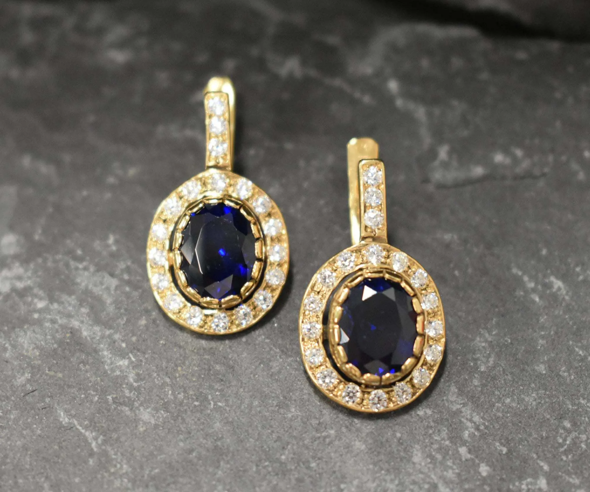 Gold Sapphire Earrings - Blue Victorian Earrings, September Birthstone Earrings