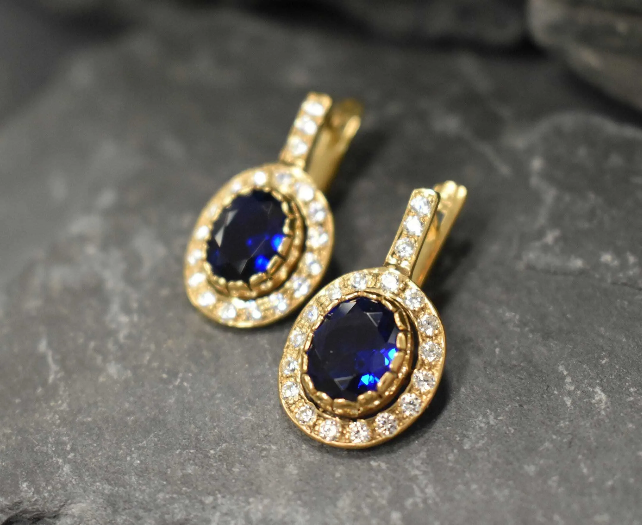 Gold Sapphire Earrings - Blue Victorian Earrings, September Birthstone Earrings