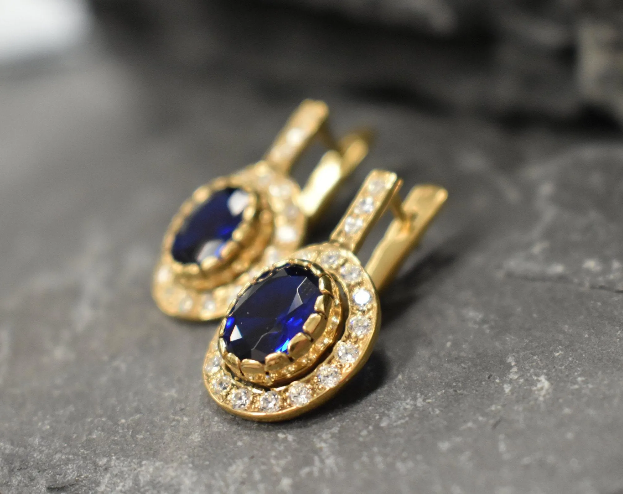 Gold Sapphire Earrings - Blue Victorian Earrings, September Birthstone Earrings