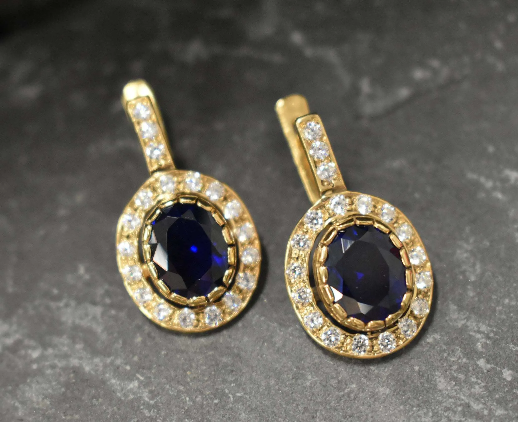 Gold Sapphire Earrings - Blue Victorian Earrings, September Birthstone Earrings