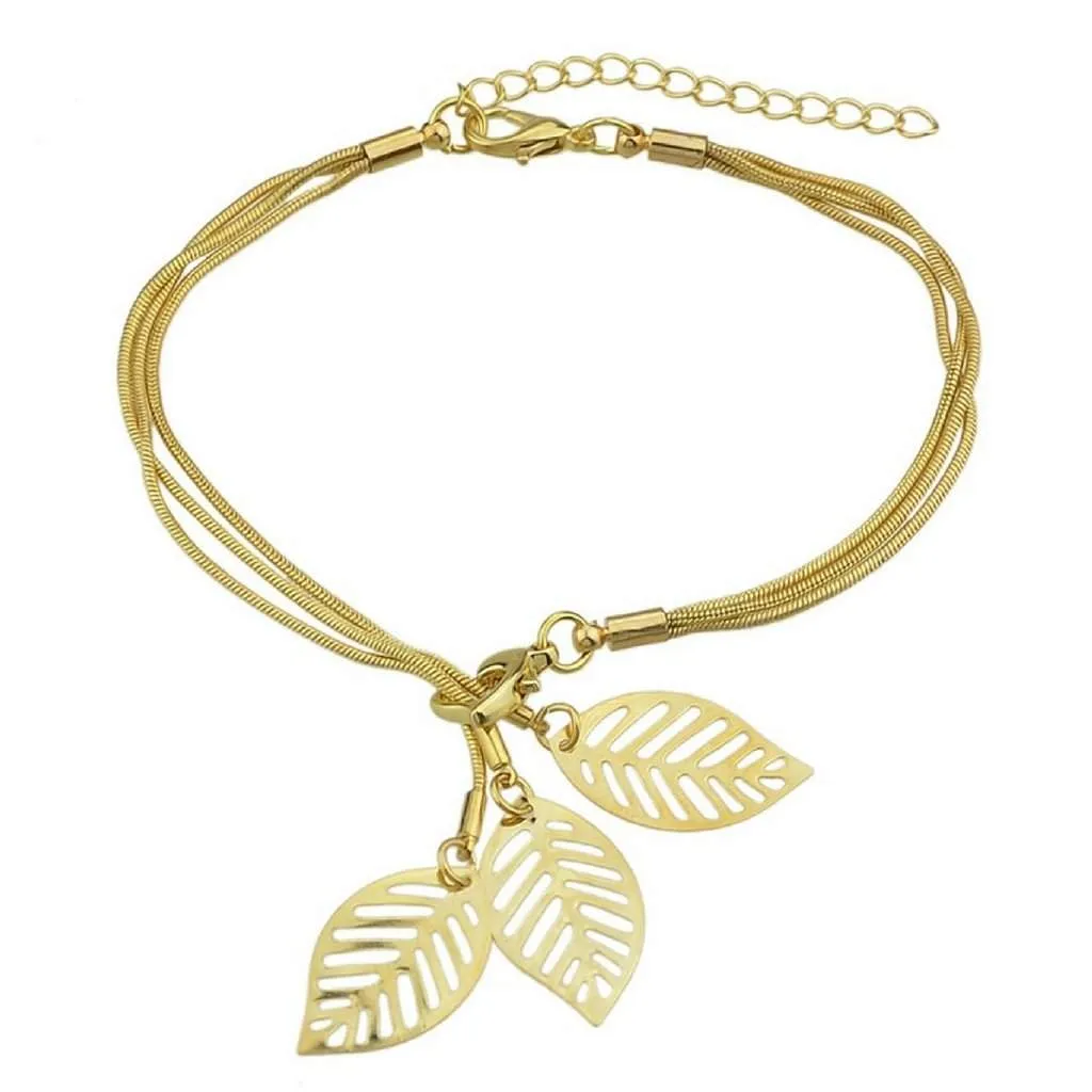 Gold Snake Chain Bracelet with Gold Charm Leaves